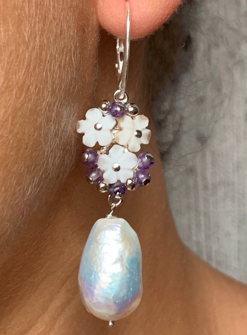 orecchino-artigianale-fiori conchiglia-perle-ametista-laboratoriodlb