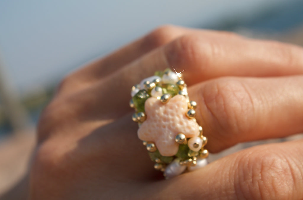 anello-artigianale-avventurina-perle-stella conchiglia sardonica-laboratoriodlb