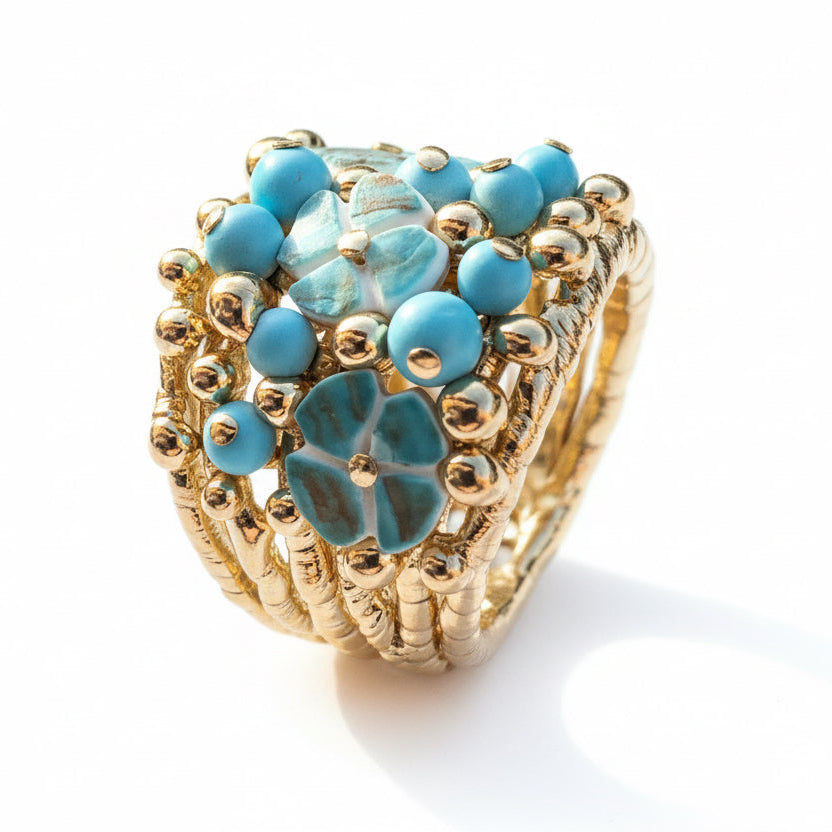 anello-artigianale-palline turchese-fiori conchiglia-laboratoriodlb