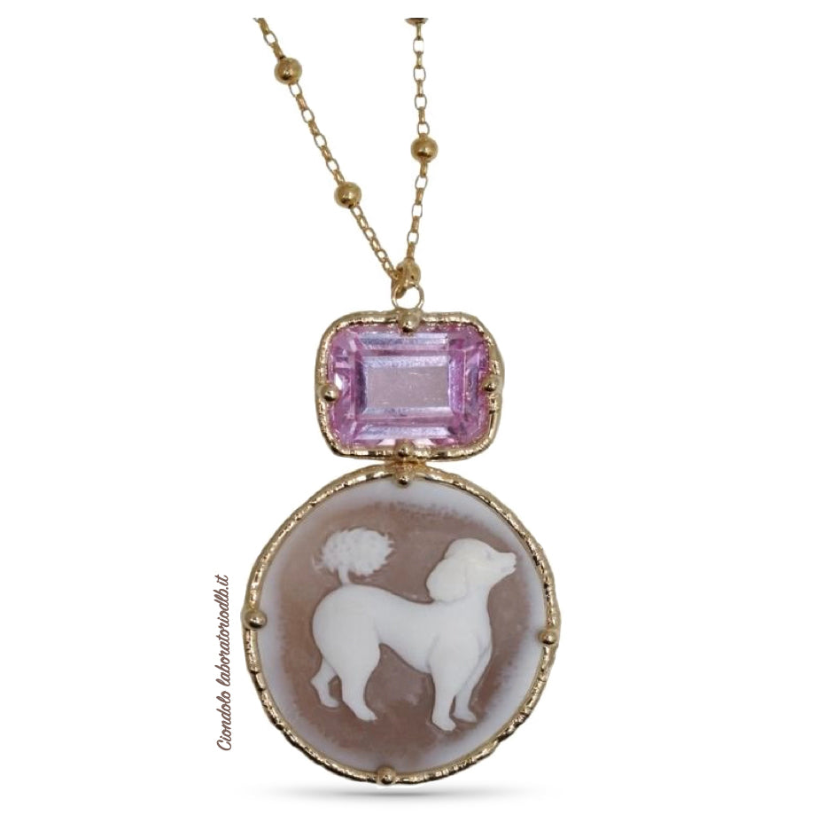 ciondolo-artigianale-donna-argento-cammeo-di-conchiglia-cane-inciso-quarzo-idrotermale