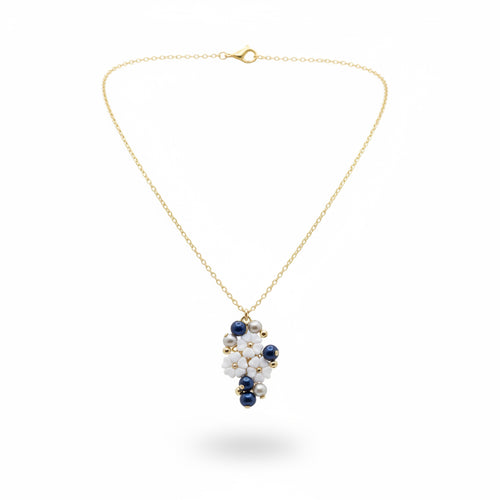 collana-artigianale-bouquet armonico-perline-iolite-fiori conchiglia-laboratoriodlb